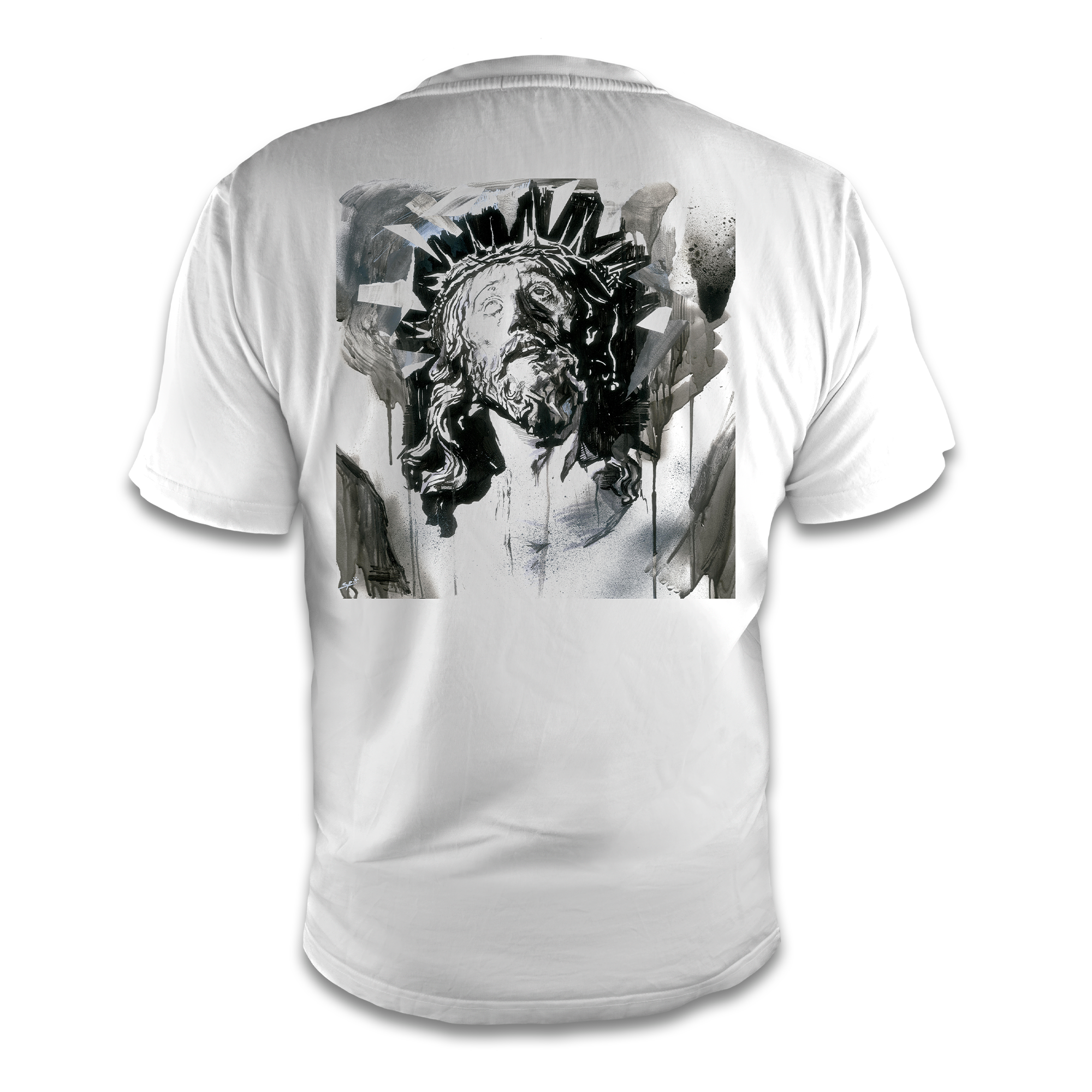 Camiseta cofrade diseño de Iván Suazo inspirada en el Cristo de la Expiración de Triana “El Cachorro”, vista trasera
