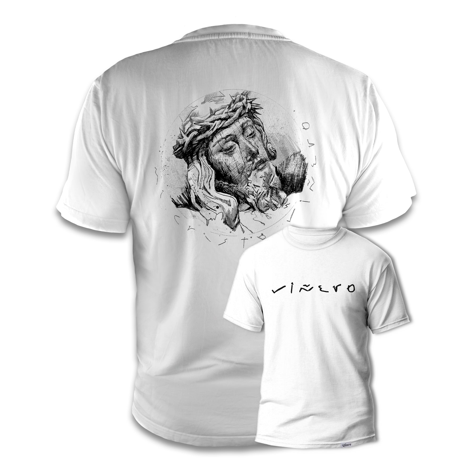 Camiseta cofrade diseño de Iván Suazo “Viñero” inspirada en el Cristo de la Misericordia del barrio de La Viña de Cádiz, vista delantero y espalda