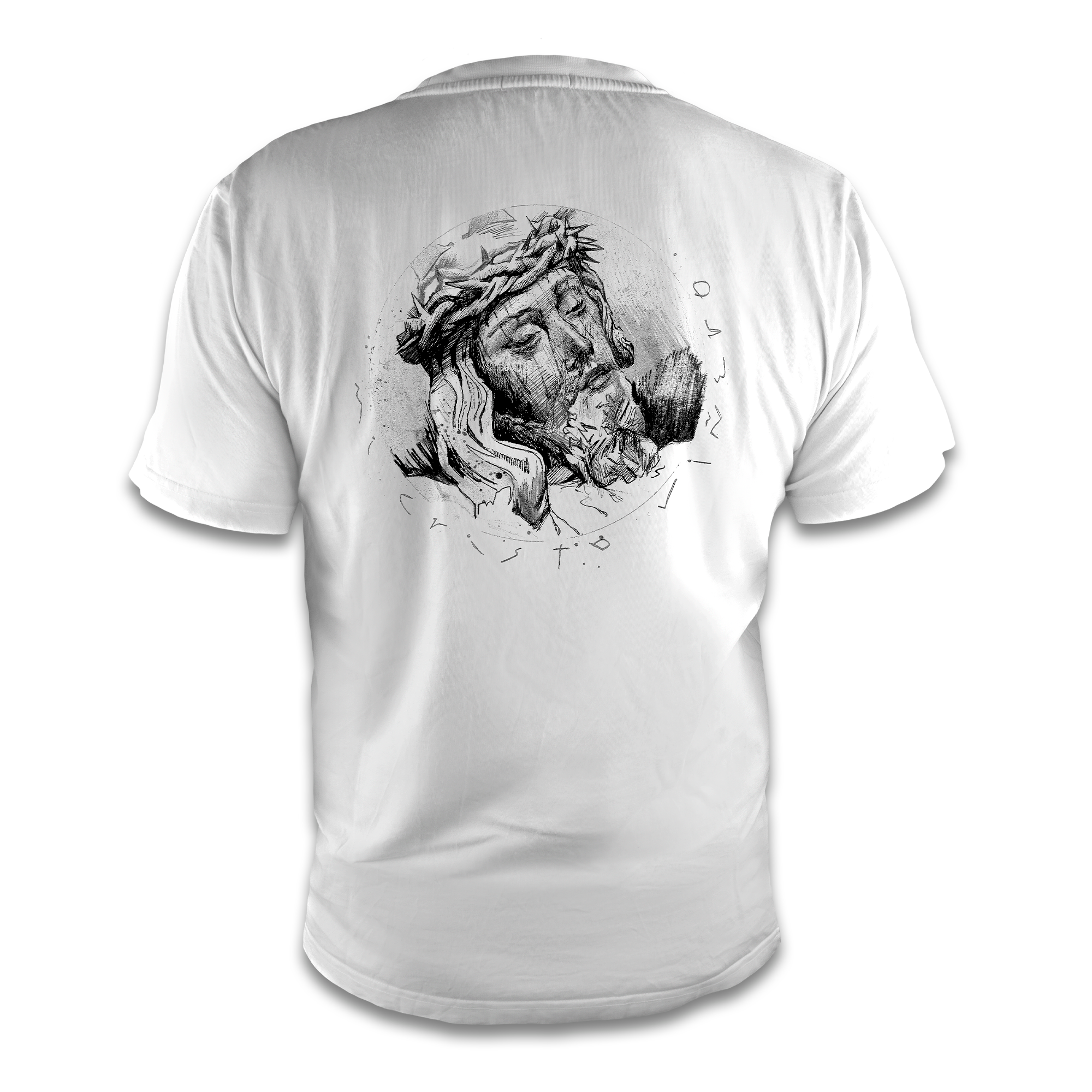Vista trasera de camiseta cofrade diseño de Iván Suazo “Viñero” inspirada en el Cristo de la Misericordia del barrio de La Viña de Cádiz.