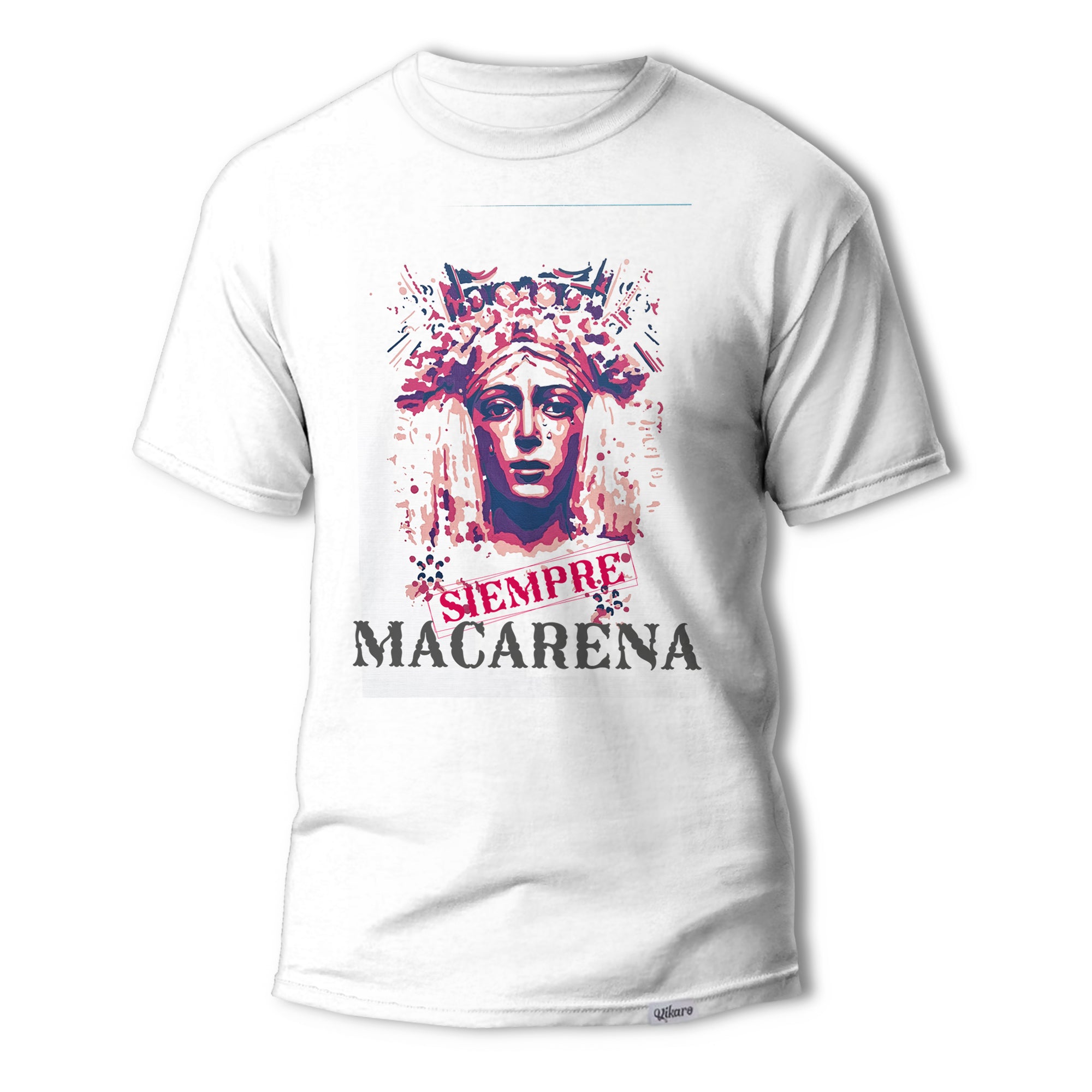 Camiseta cofrade de Jose Carlos Torres, inspirada en la Virgen de la Macarena de Sevilla, donde incluye en el diseño la frase SIEMPRE MACARENA.
